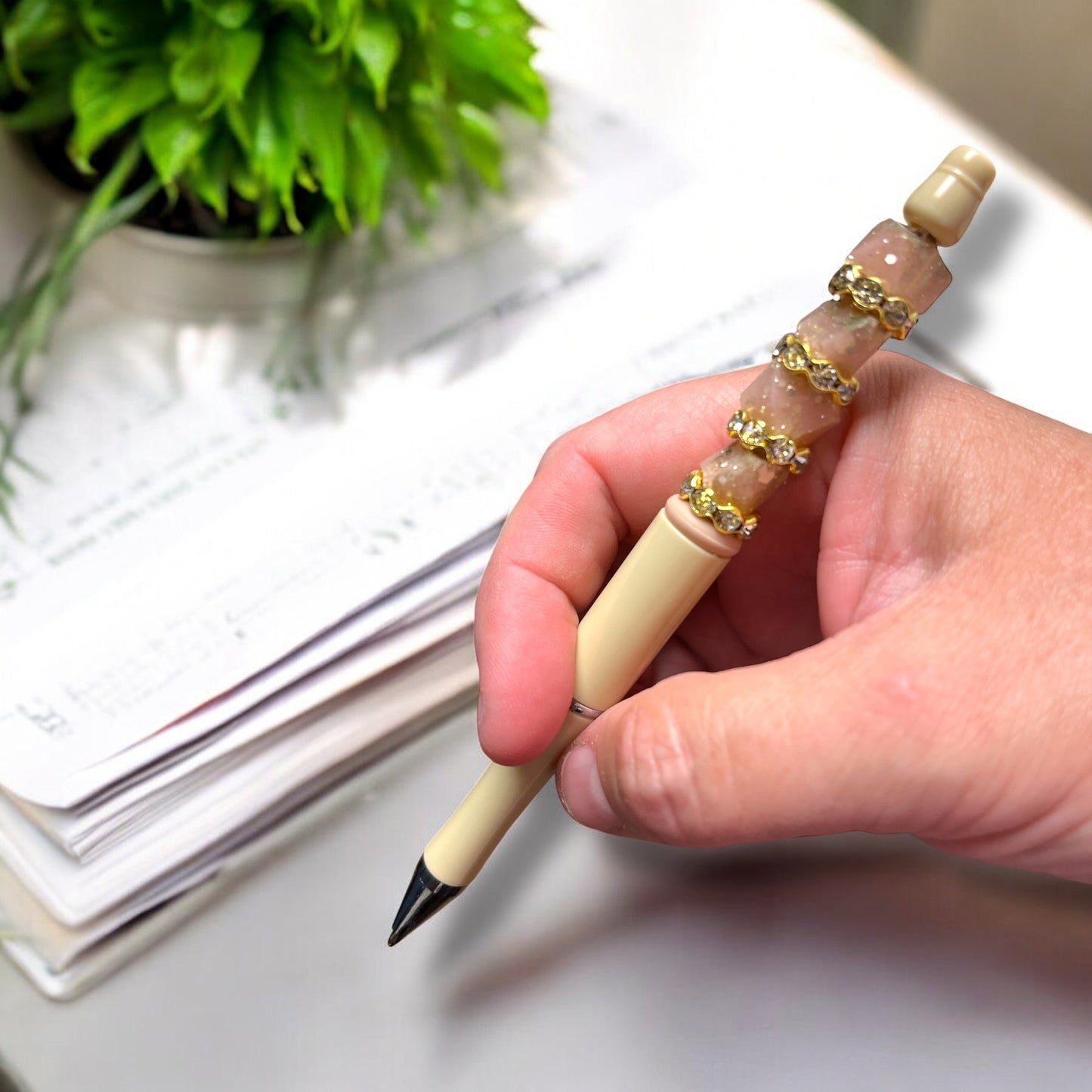 Handmade luxury pen in Canada| Handmade fancy pen made in Canada |Beaded Pens | Handmade Pen | Peach | Rhinestone | Silicone Beaded | Teacher Gift Idea | Cute Gift | Gift for Her | Mom | Colors in peach white gold and rose gold | retractable pen| gold plastic pen | black ink
