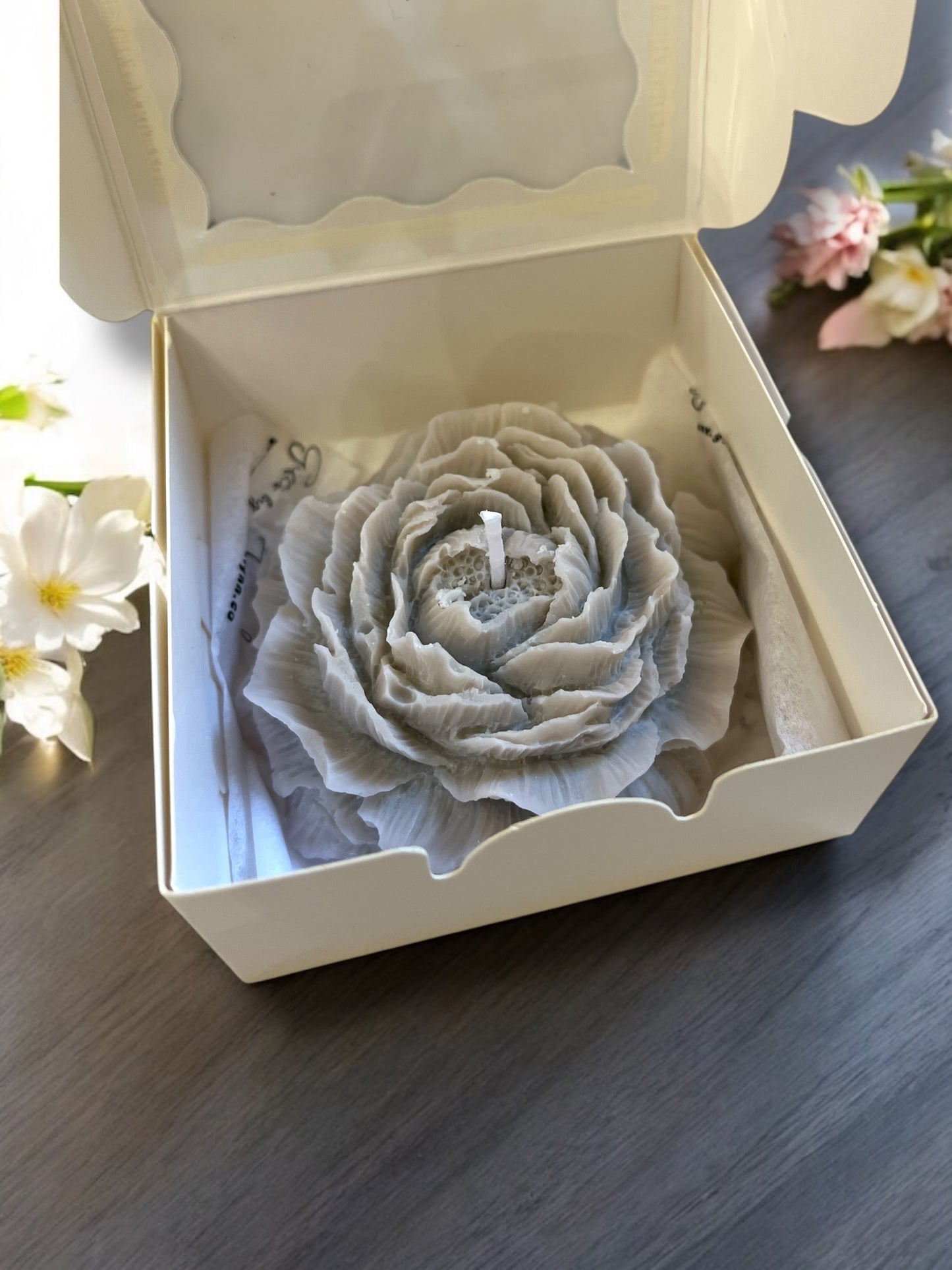Flower Candle - pale lavender grey unscented 3”
