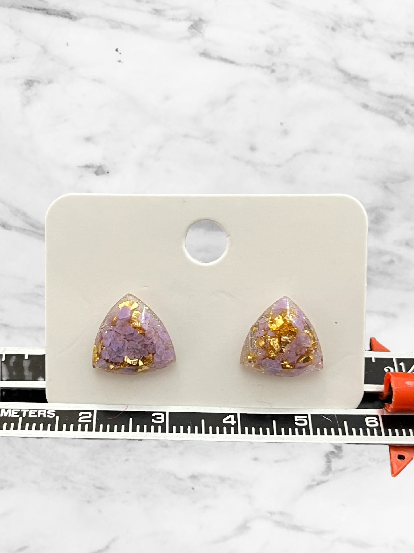 Handmade Stud Earrings- Lavender & Gold (triangular jewel cut 12mm)