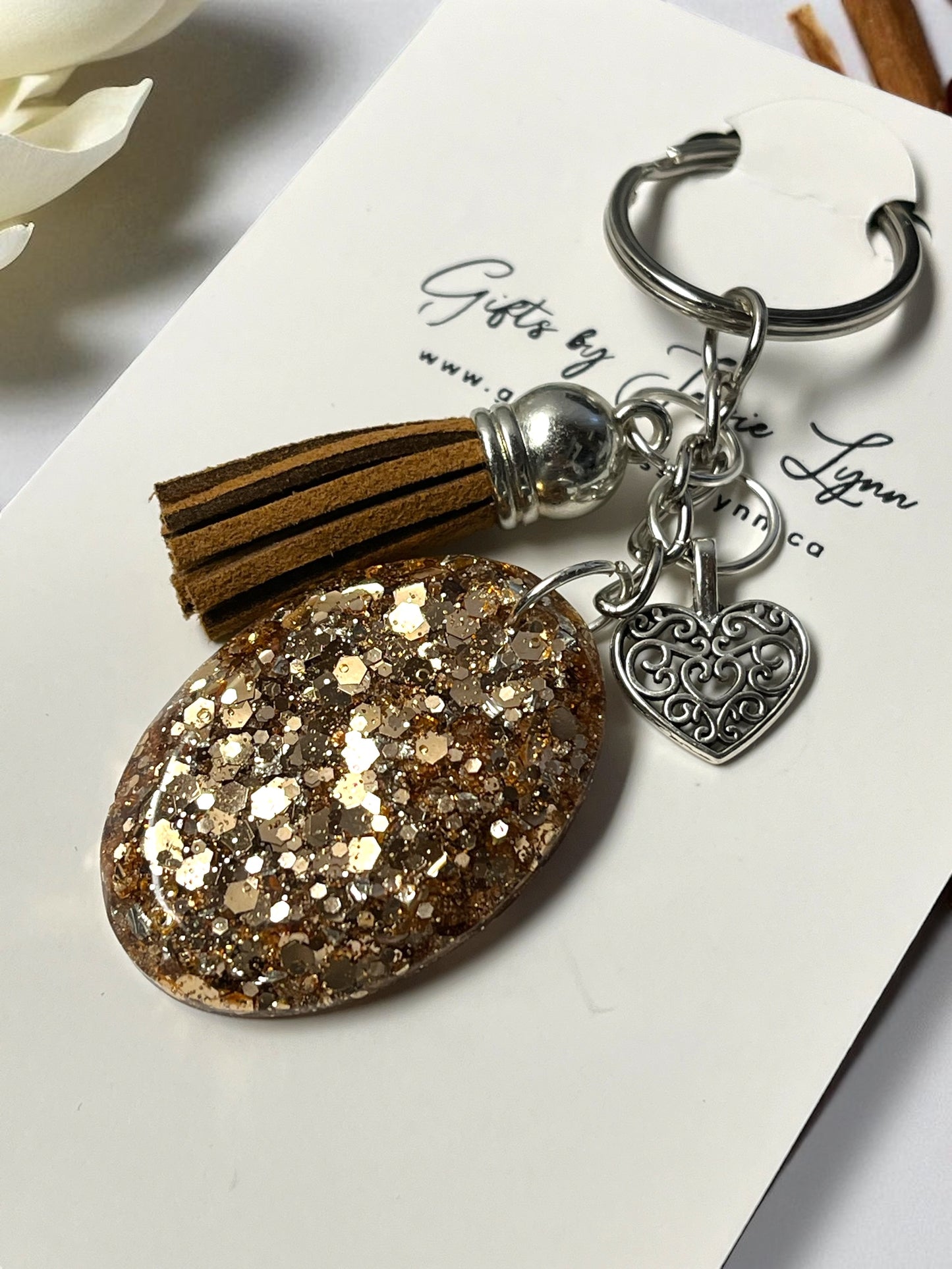 Keychain handmade - Cafe Sparkle Heart (silver large) (ship)