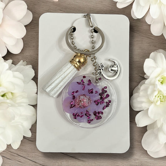 Keychain- Resin- purple flower with tassel-bunny moon charm