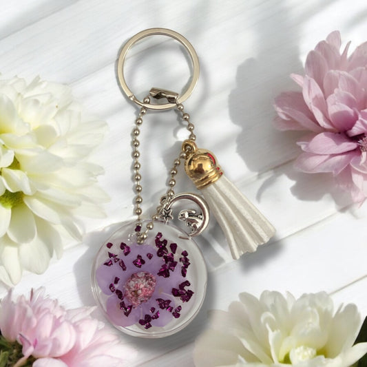Keychain- Resin- purple flower with tassel-bunny moon charm
