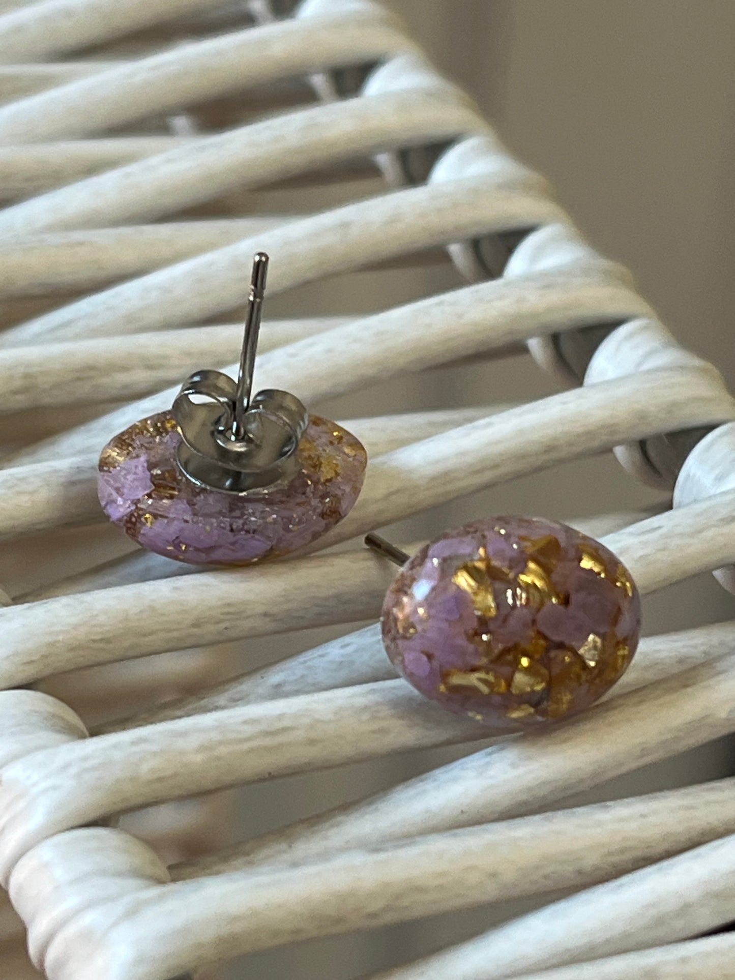 Handmade Stud Earrings- Lavender & Gold (oval)