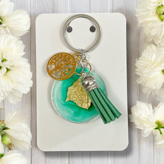 Keychain -resin with green tassel -gold tree life