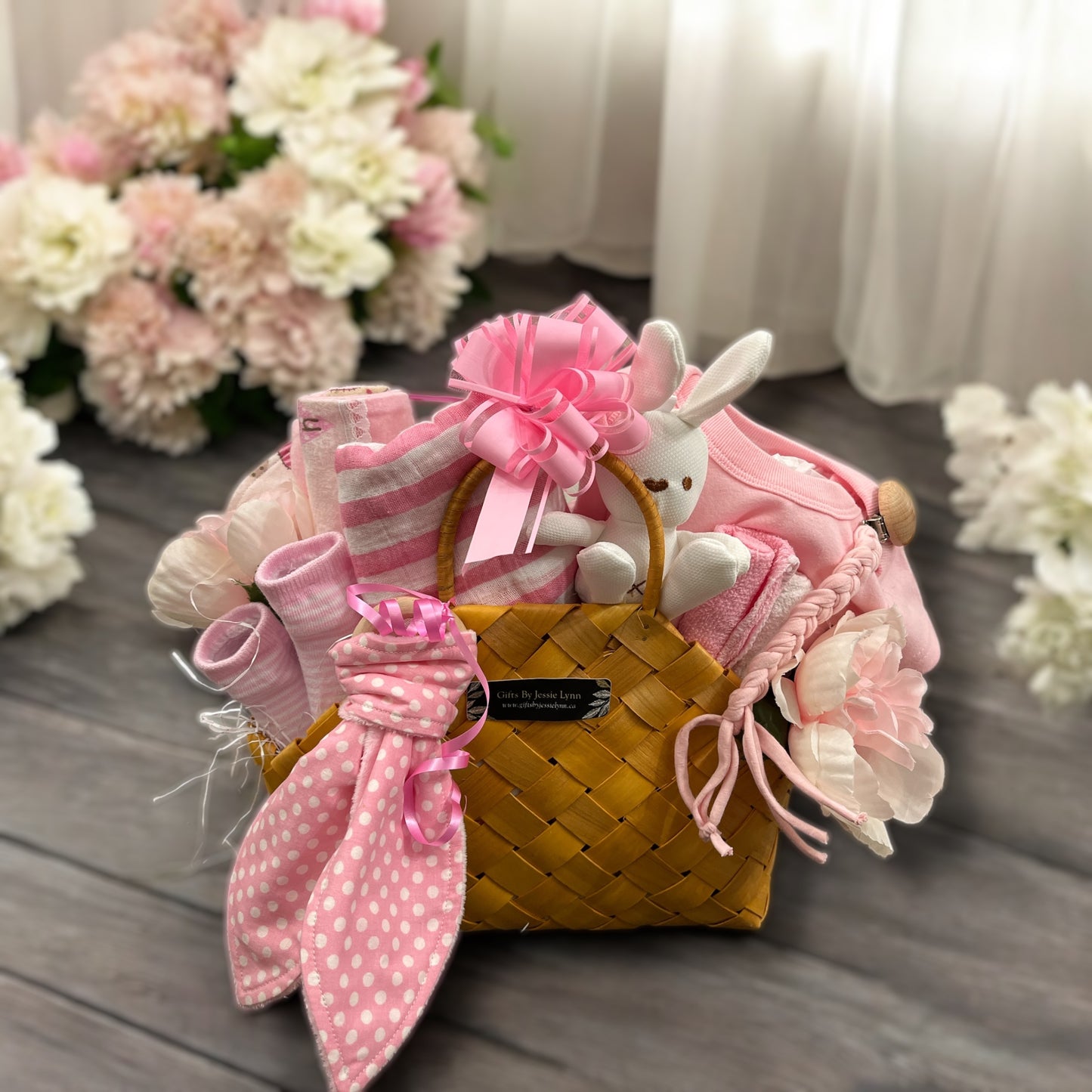 Newborn baby girl gift basket -pink bunny
