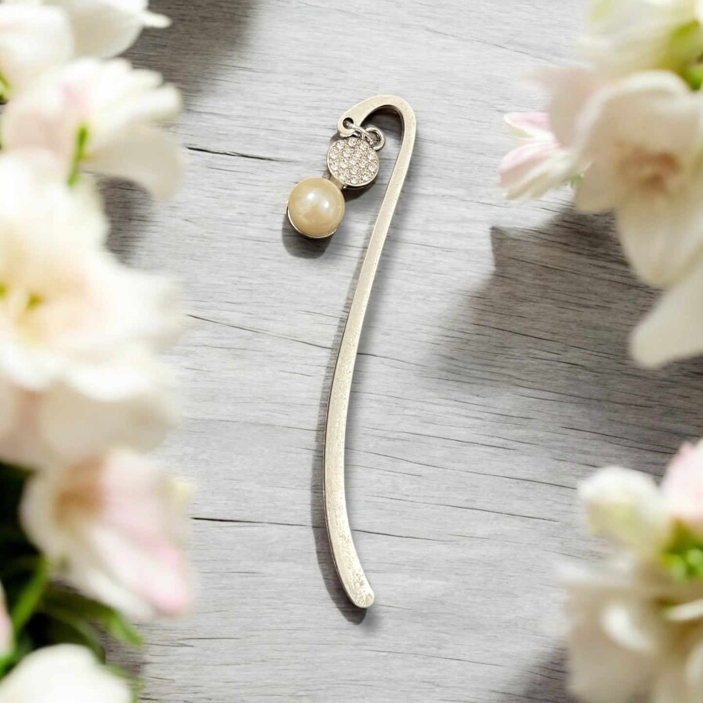 Bookmark-hook silver- rhinestone pearl