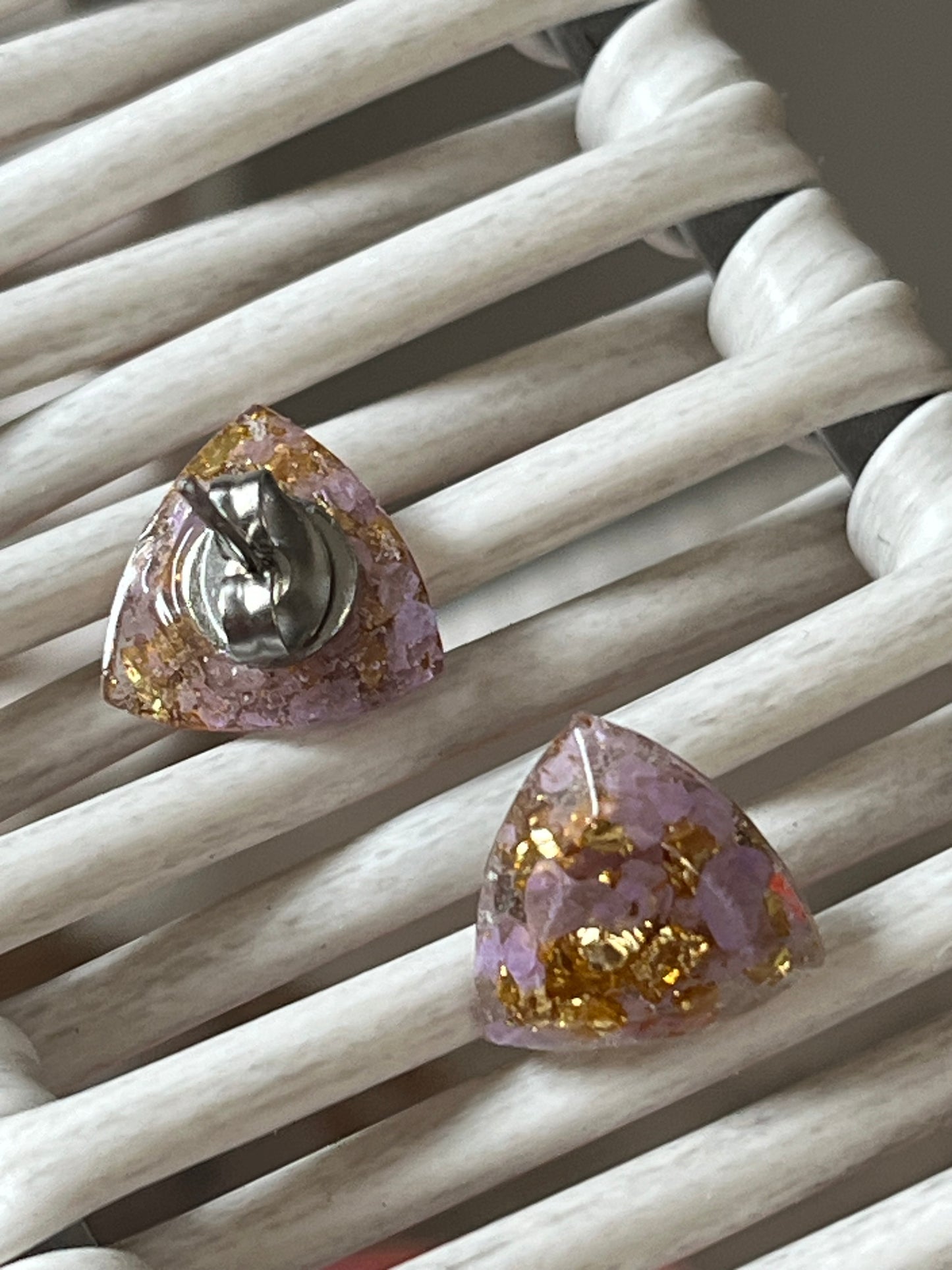 Handmade Stud Earrings- Lavender & Gold (triangular jewel cut 12mm)