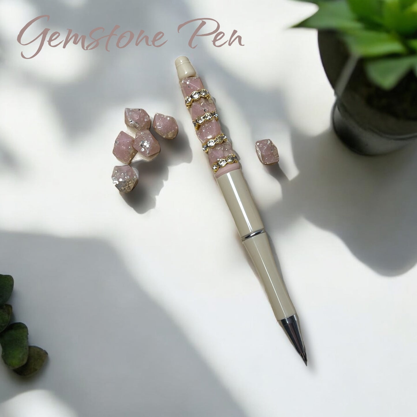 Handmade luxury pen in Canada| Handmade fancy pen made in Canada |Beaded Pens | Handmade Pen | Peach | Rhinestone | Silicone Beaded | Teacher Gift Idea | Cute Gift | Gift for Her | Mom | Colors in peach white gold and rose gold | retractable pen| gold plastic pen | black ink