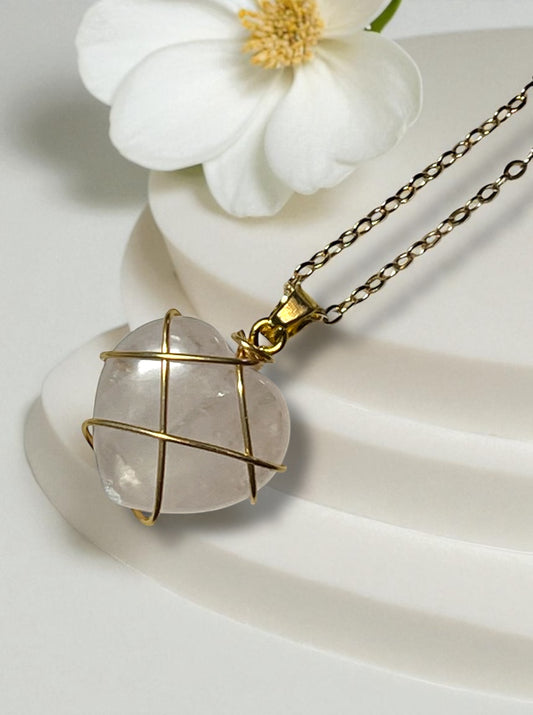 Druzy Resin Gemstone Necklace - Pale Rose Quartz Heart