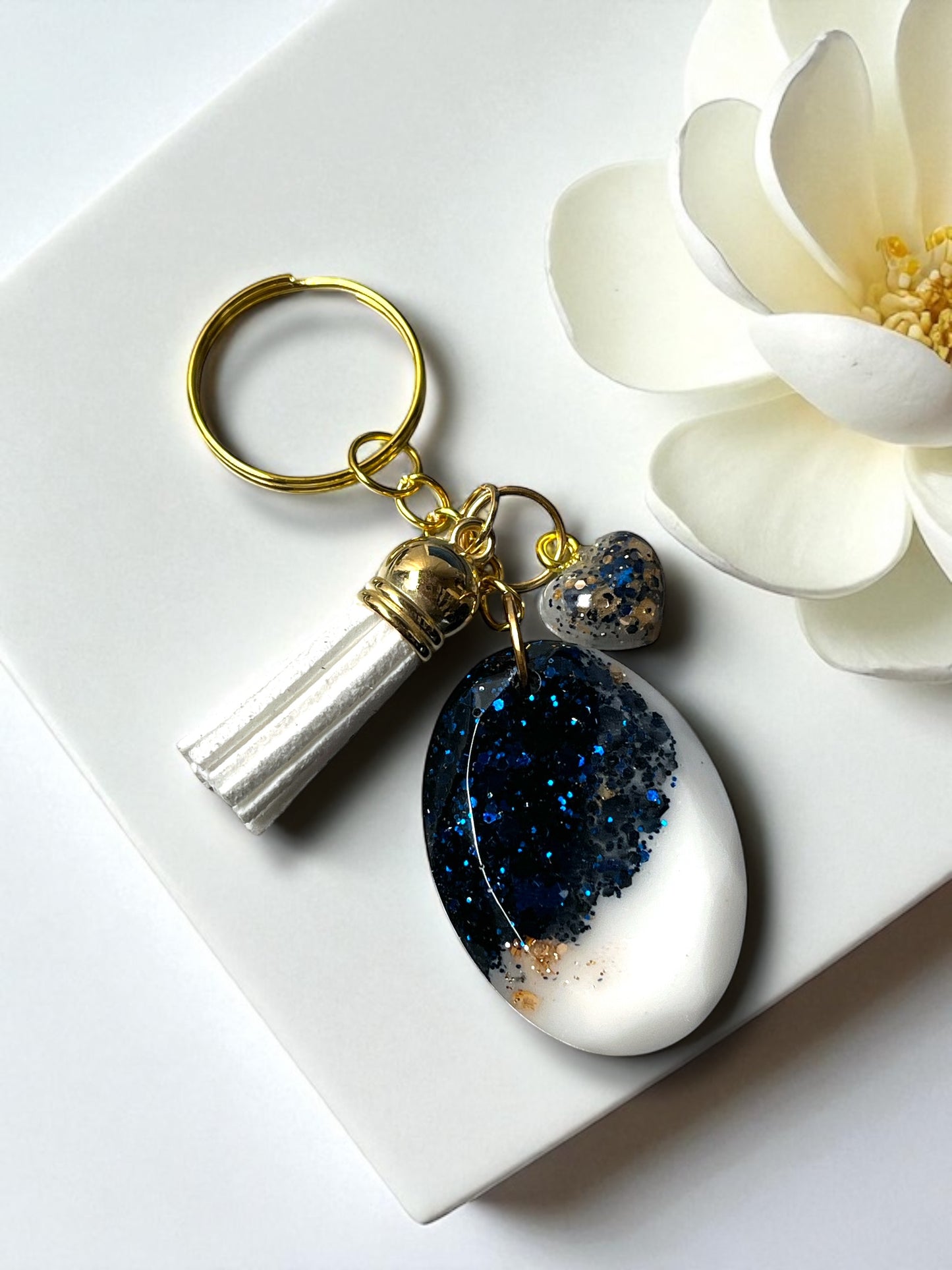 Keychain /planner hook/zipper pull- Navy & Gold Heart (ship)