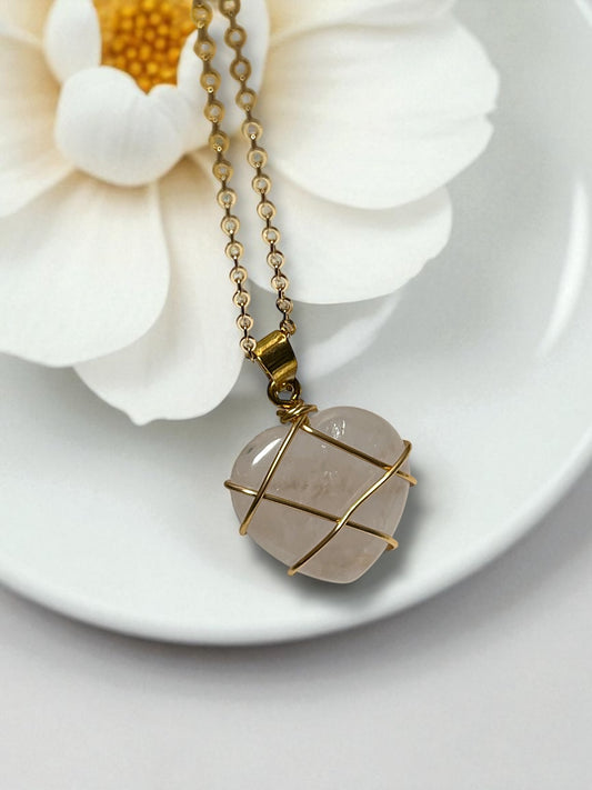 Druzy Resin Gemstone Necklace - Pale Rose Quartz Heart