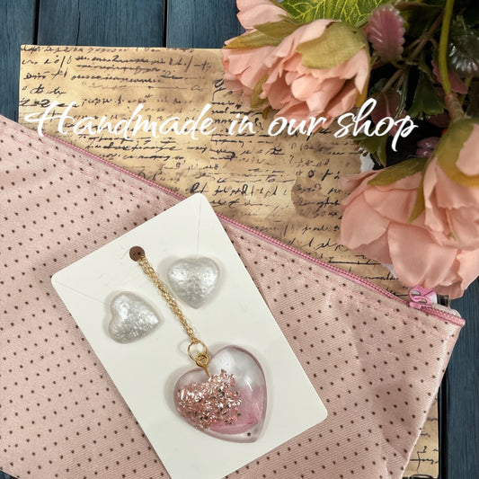 Necklace & Earrings with pouch - snowy pink