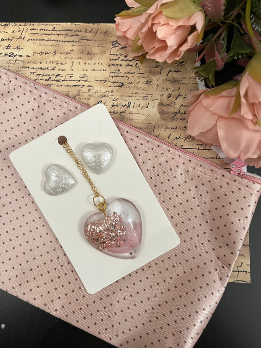 Necklace & Earrings with pouch - snowy pink