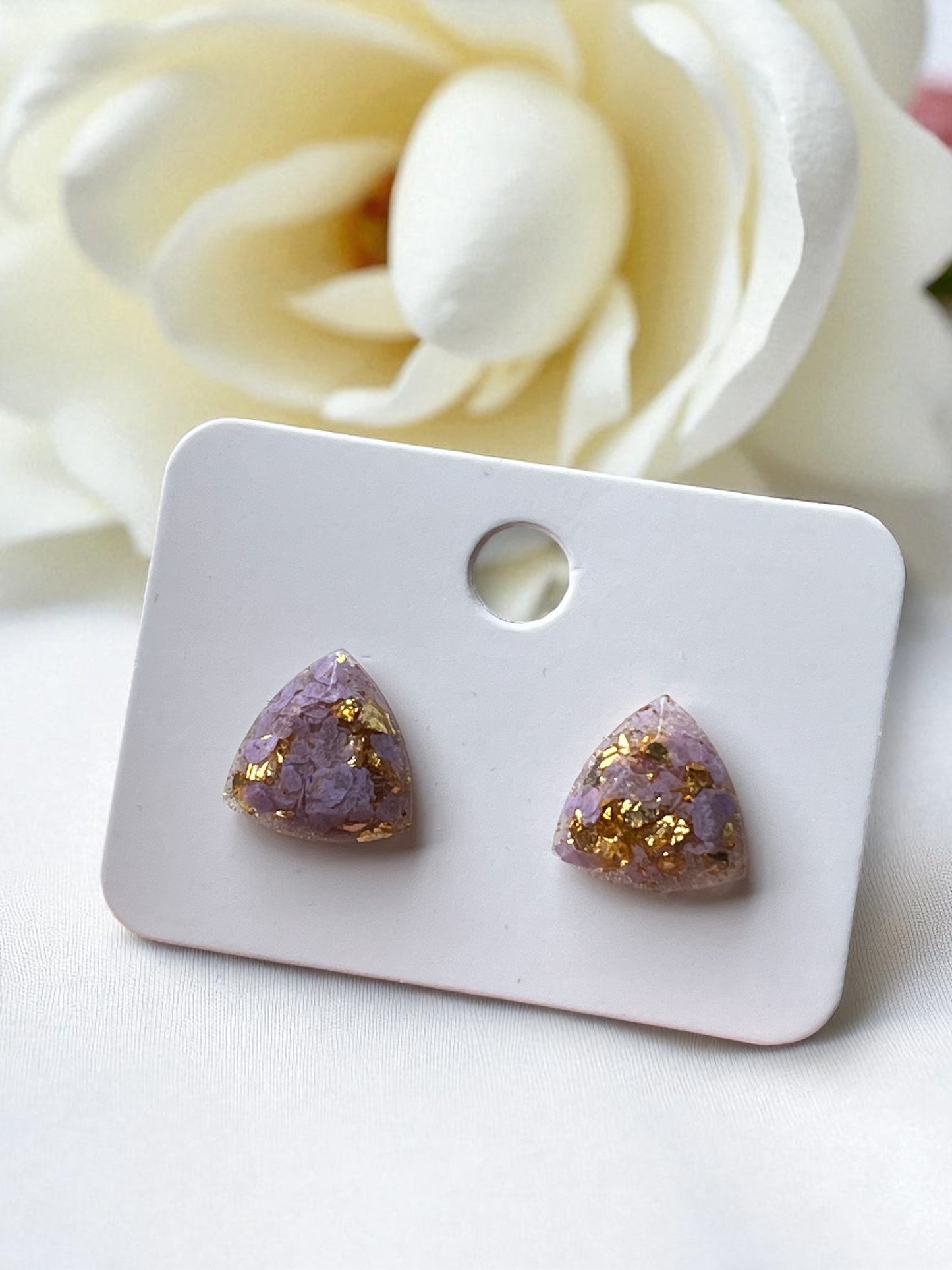 Handmade Stud Earrings- Lavender & Gold (triangular jewel cut 12mm)