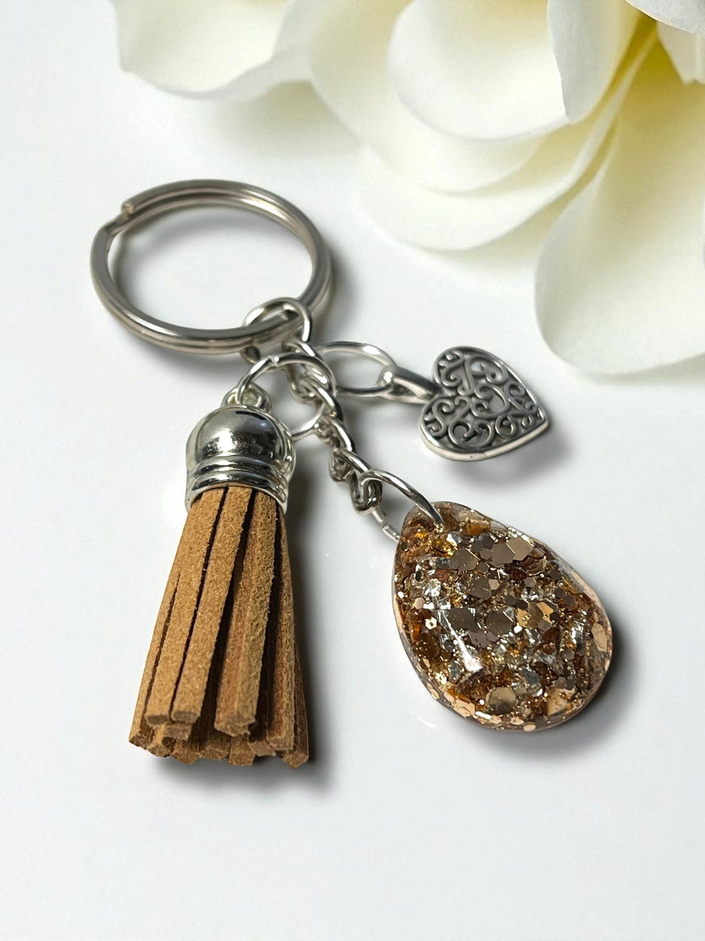 Keychain handmade - Cafe Sparkle Heart (silver small) (ship)