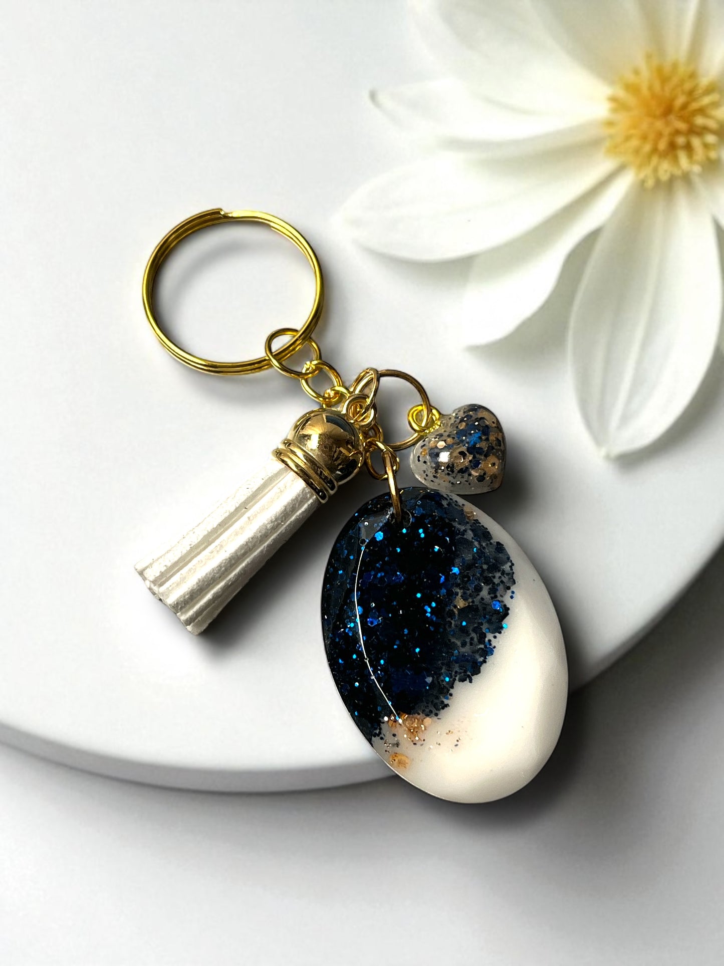 Keychain /planner hook/zipper pull- Navy & Gold Heart (ship)