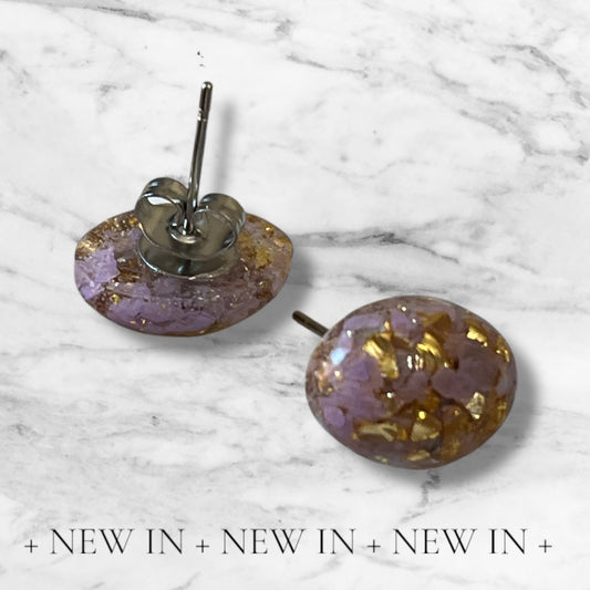 Handmade Stud Earrings- Lavender & Gold (oval)