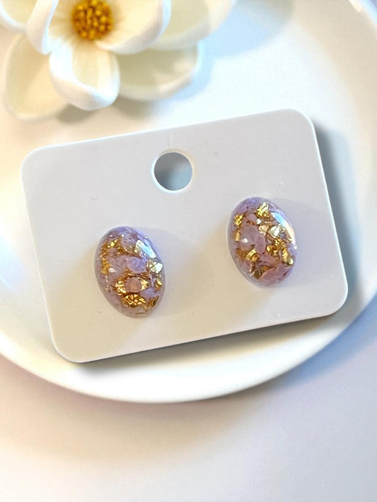 Handmade Stud Earrings- Lavender & Gold (oval)