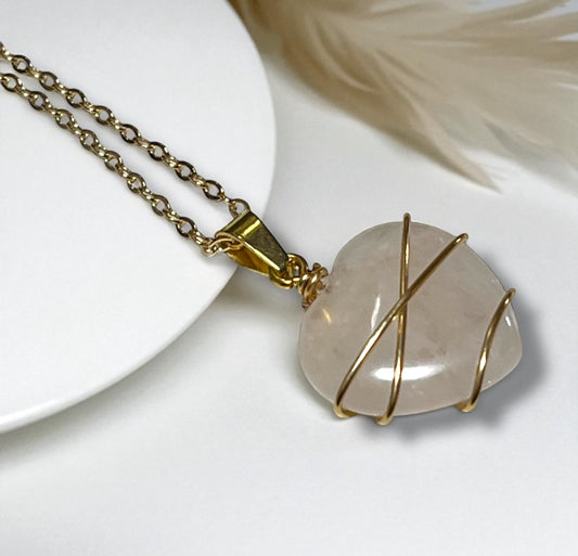 Druzy Resin Gemstone Necklace - Pale Rose Quartz Heart (ship)