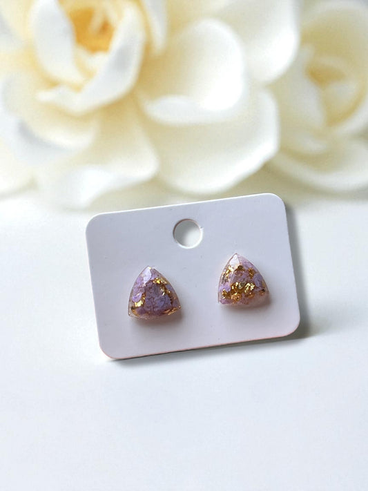 Handmade Stud Earrings- Lavender & Gold (triangular jewel cut 10mm)