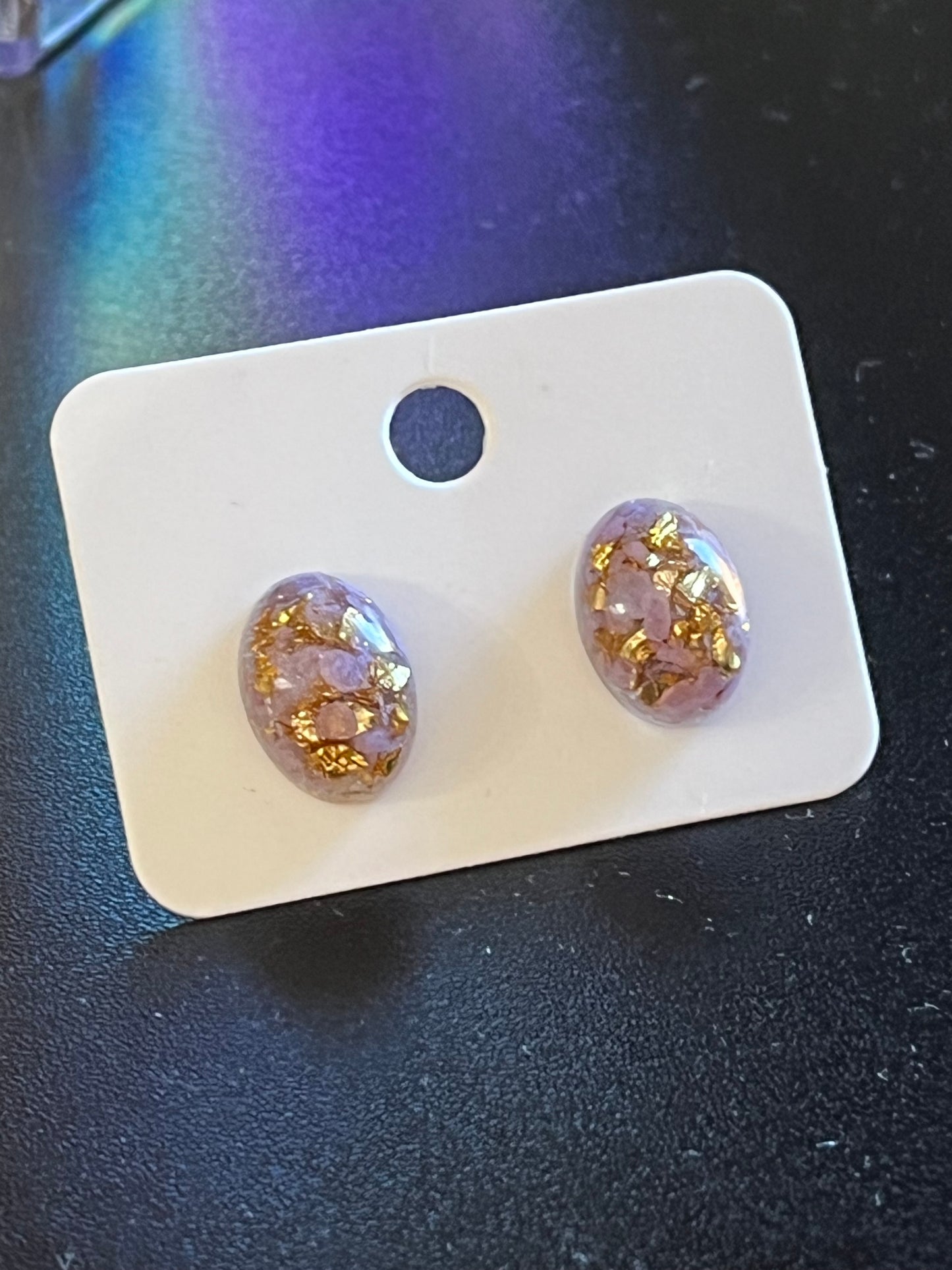 Handmade Stud Earrings- Lavender & Gold (oval)