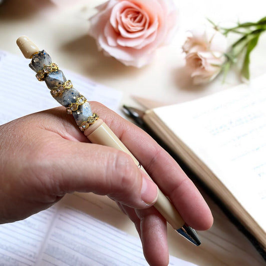 Handmade luxury pen in Canada| Handmade fancy pen made in Canada |Beaded Pens | Handmade Pen | Peach | Rhinestone | Silicone Beaded | Teacher Gift Idea | Cute Gift | Gift for Her | Mom | Colors in peach white gold and rose gold | retractable pen| gold plastic pen | black ink