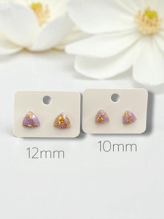 Handmade Stud Earrings- Lavender & Gold (triangular jewel cut 10mm)