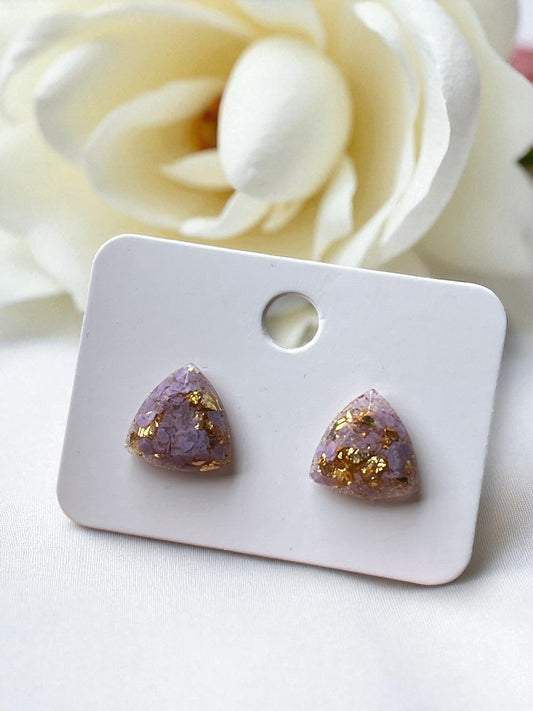 Handmade Stud Earrings- Lavender & Gold (triangular jewel cut 12mm)
