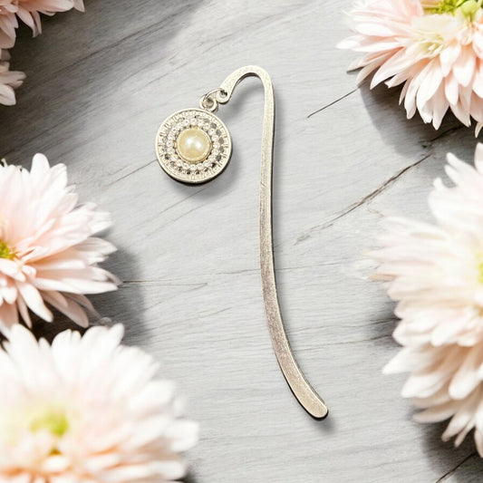 Bookmark-hook silver- rhinestone pearl circle